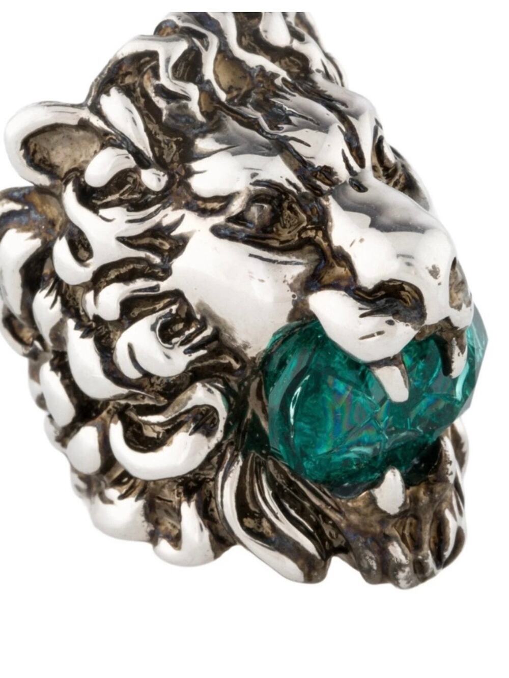 Unisex Gucci Silver Lion Head Ring with Green Crystal in mouth size 4.5